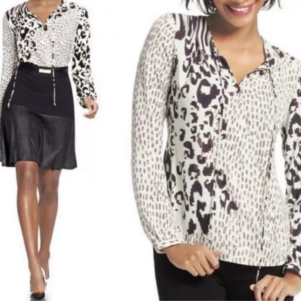 CAbi #590 Mixed Animal Print Faux Wrap Top with Tie Neck Size XS
